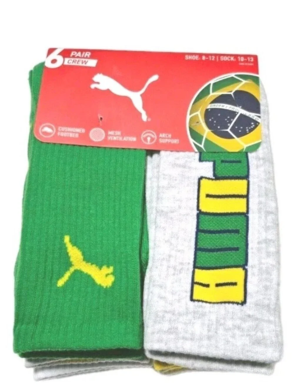 PUMA: MEN'S: (6) PACK: BRAZIL: CREW SOCKS: SOCCER: SIZE: 10-12: BRAND NEW